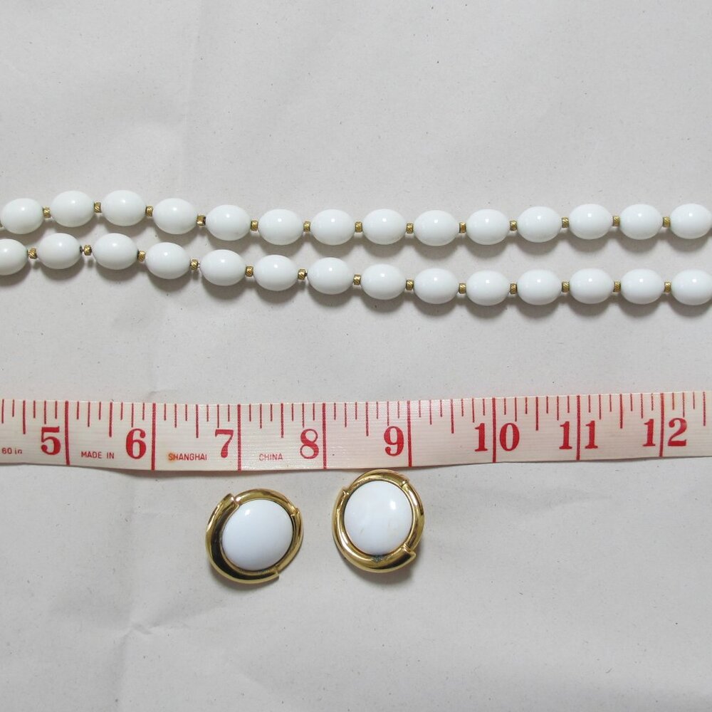 Vintage Monet White and Metallic Bead necklace with matching earrings